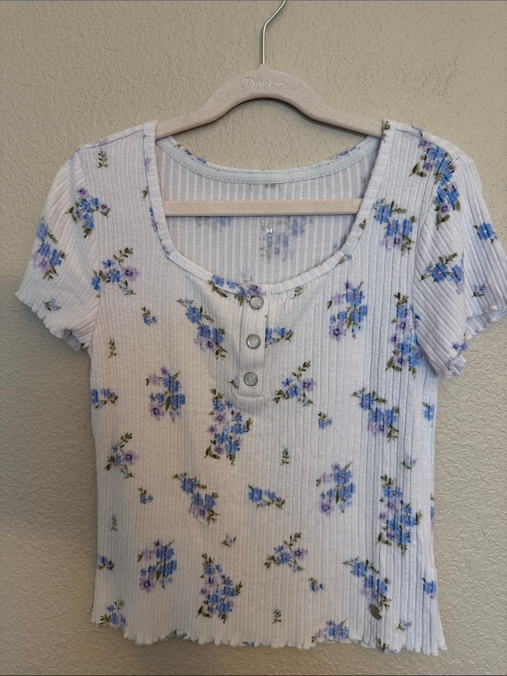 Girl’s Floral Ribbed Henley Top - White with Blue Flower Print